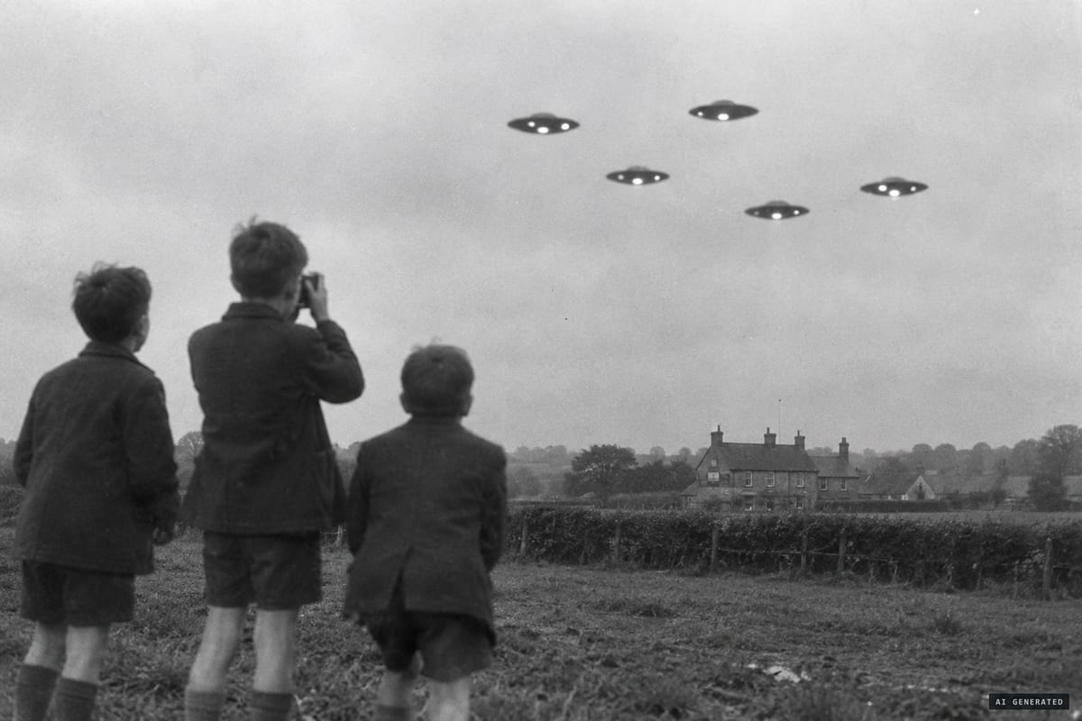 Mosborough, near Sheffield, March 1962: schoolboy Alex Birch photographs five dark saucers with glowing white blobs hovering over a field, an image he later called a hoax painted on glass before withdrawing that confession.