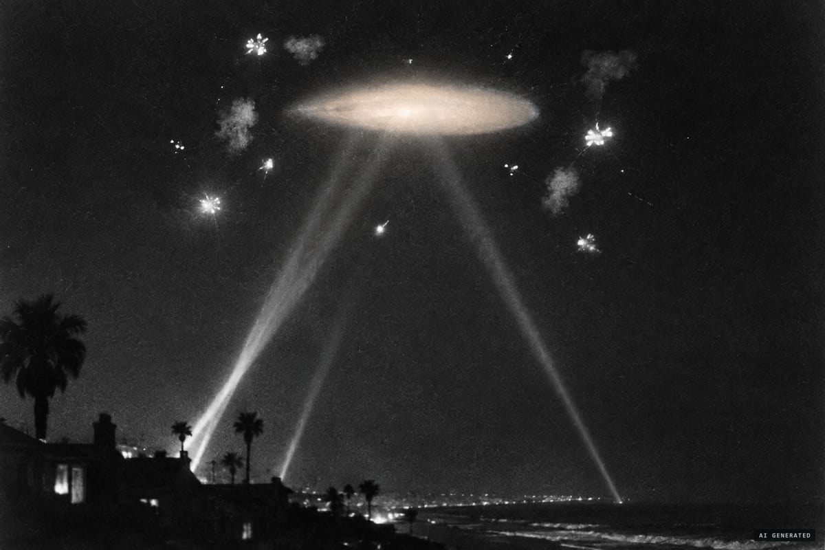 Searchlights converge on a pale orange oval reported hovering over the Los Angeles coast as anti-aircraft shells burst around it, early on 25 February 1942.