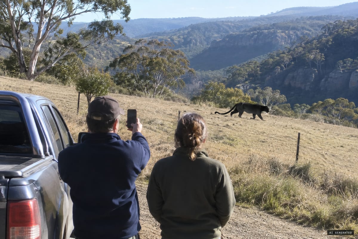 Kanimbla Valley, NSW, 11 June 2018: Belinda Baker and Steven Muiser film a big black cat they judged five times the size of a feral cat; it was later identified as Toby, a large pet cat.