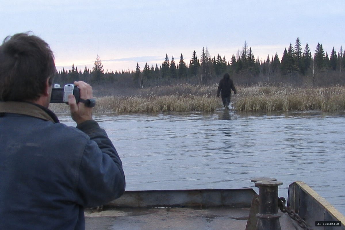 Norway House, Manitoba, April 16, 2005: ferry operator Bobby Clarke films a large, dark, upright figure walking through the bulrushes on the far bank of the Nelson River.