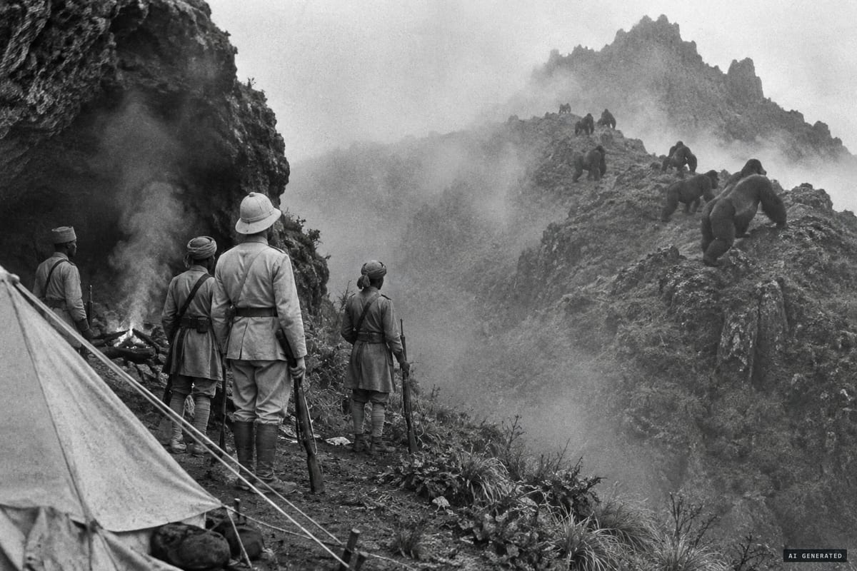 Mount Sabyinyo, 17 October 1902: from their ridge camp, Captain von Beringe's party sees a herd of large black apes climbing toward the volcano's peak. These were the mountain gorillas, then unknown to European science.