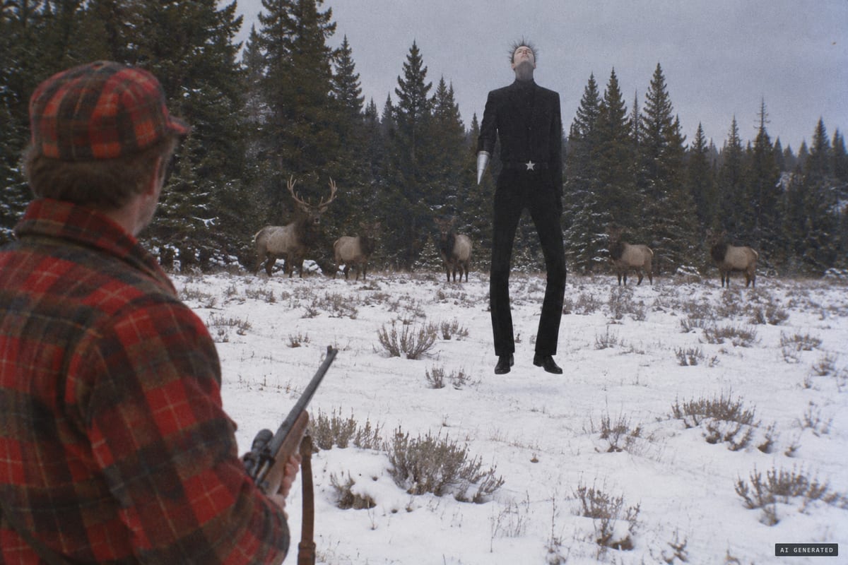 Medicine Bow National Forest, Wyoming, October 25, 1974: Carl Higdon's account of the black-suited being 'Ausso' floating toward him over the snow moments after his rifle shot fell short.