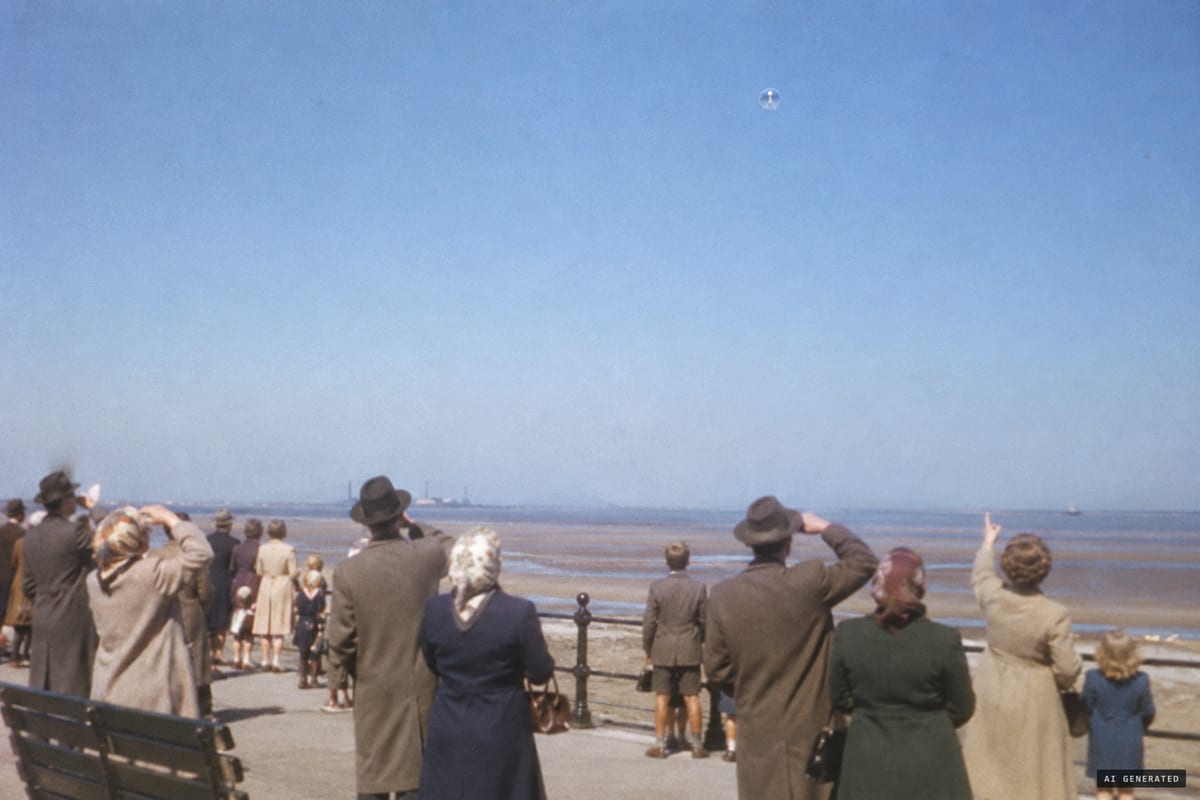 Cleethorpes, 22 September 1956: onlookers on the promenade watch a glittering, glass-like sphere with something white inside hover high in the afternoon sky, reportedly at 54,000 ft for about an hour.