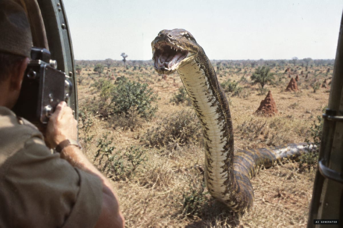 Katanga, Belgian Congo, August 1959: a giant snake, estimated at nearly 50 feet, rears toward Col. Remy Van Lierde's helicopter over the savanna as a crewman photographs it.