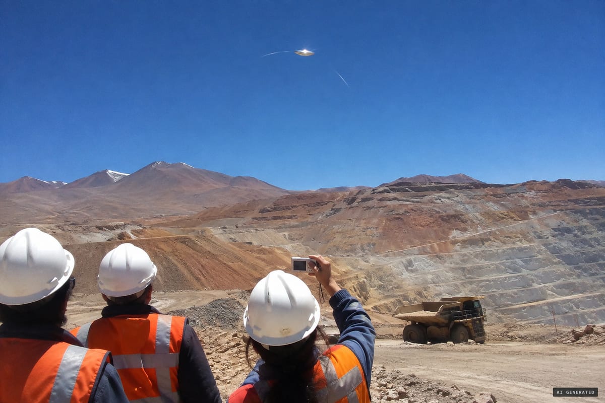 April 2013, Collahuasi mine, Chile: technicians watch and photograph a silent, silvery disc that hovered and moved in short steps for over an hour before heading east.