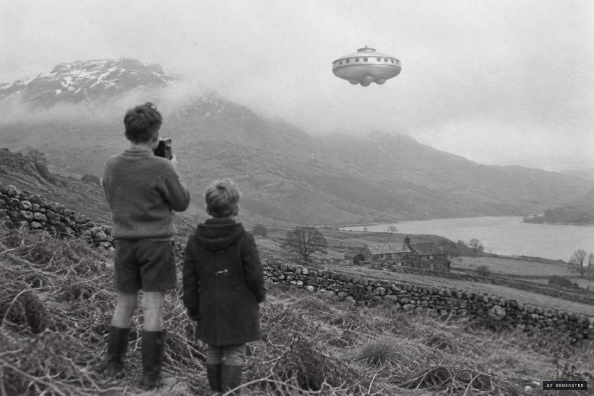 Coniston, Lake District, 15 February 1954: schoolboy Stephen Darbishire photographs the bell-shaped, portholed saucer he said hovered silently about 400 yards away before shooting up into the clouds.
