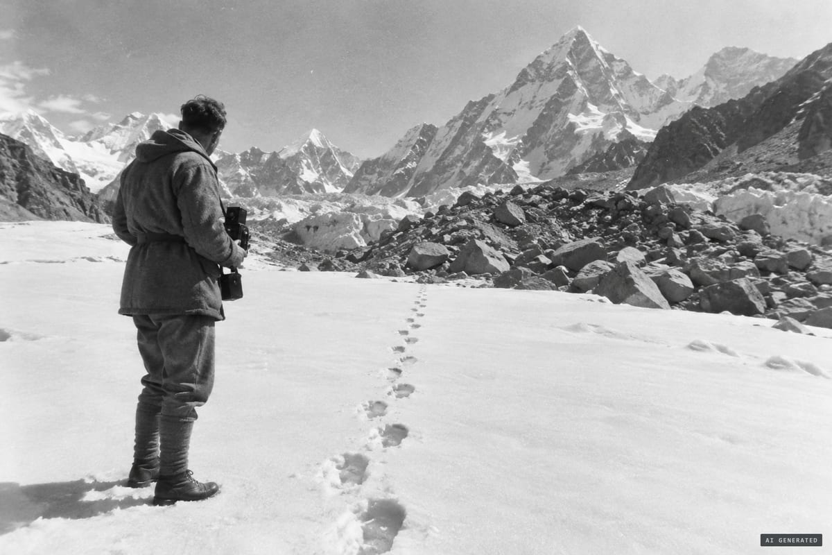 Khumbu Glacier, Nepal, 18 February 1954: a Daily Mail expedition party finds an 80-yard line of large two-legged footprints that vanishes into the glacier moraine.