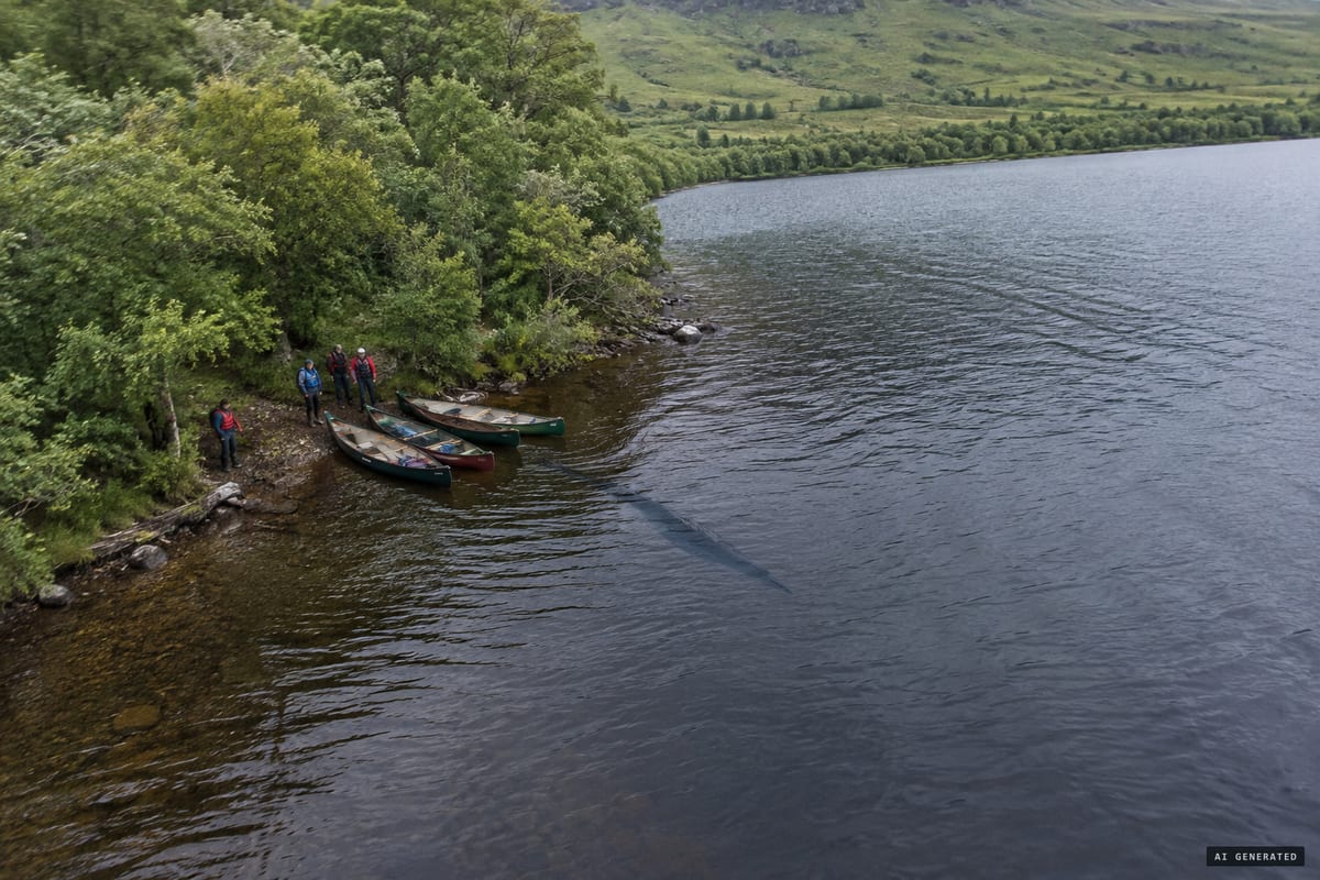 August 2021, Loch Ness: Richard Mavor's drone footage shows a long, dark form beneath the surface appearing to approach his group's moored canoes.