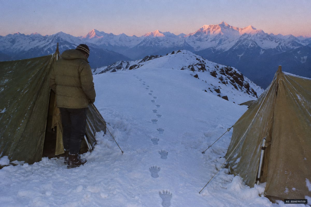 Before dawn on 18 December 1972, expedition scientists on the Kongmaa La in eastern Nepal found a fresh line of footprints that had passed between their tents in the night; the Sherpas identified them as yeti tracks.