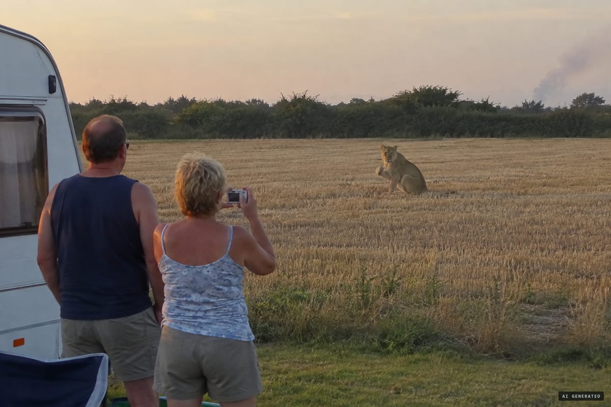 St Osyth, Essex, 26 August 2012: holidaymakers report a maneless lioness sitting and cleaning itself in a stubble field about 200 yards from their caravans, prompting an armed police search.