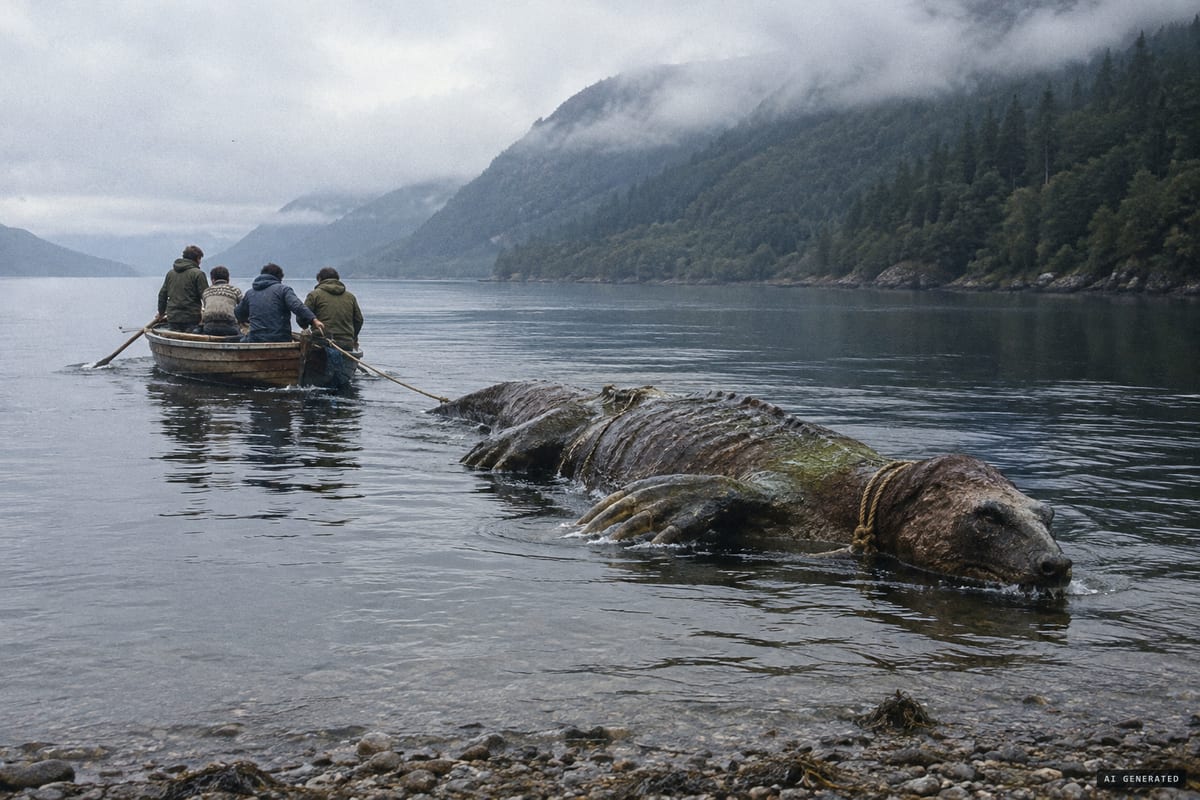 31 March 1972, Foyers, Loch Ness: a Flamingo Park Zoo team tows ashore the reported 15½-foot 'Nessie carcass', later identified as a frozen elephant seal planted as an April Fool hoax.
