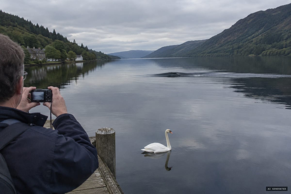 Fort Augustus, Loch Ness, late August 2013: a 15-foot dark patch of still water forms a bow wave and moves sideways up the empty loch, as filmed by David Elder from the pier head.