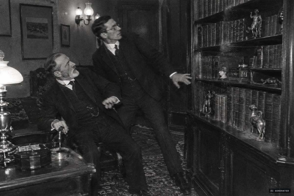 Vienna, March 1909: Carl Jung and Sigmund Freud start up as the bookcase beside them gives a second loud report, the moment after Jung predicted it.