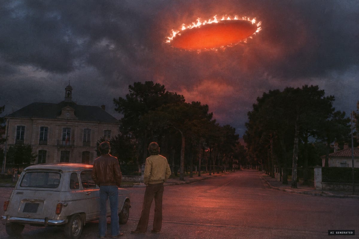 Gujan-Mestras, France, night of June 19, 1978: two young witnesses see a red, phosphorescent oval ringed by white flames at about 200 metres as the street lights beneath it fail.