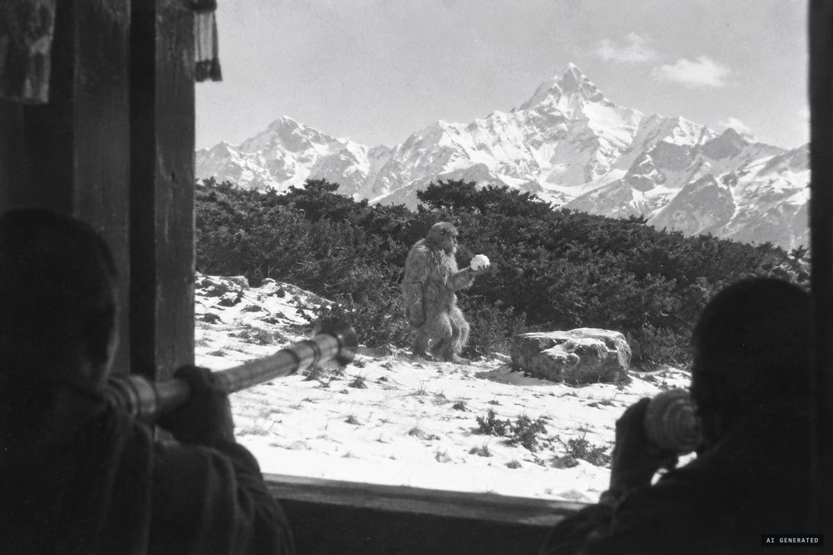 Thyangboche, Khumbu: a five-foot, grey-haired yeti plays with snow outside the monastery, as an old monk described it to the 1953 Everest expedition.