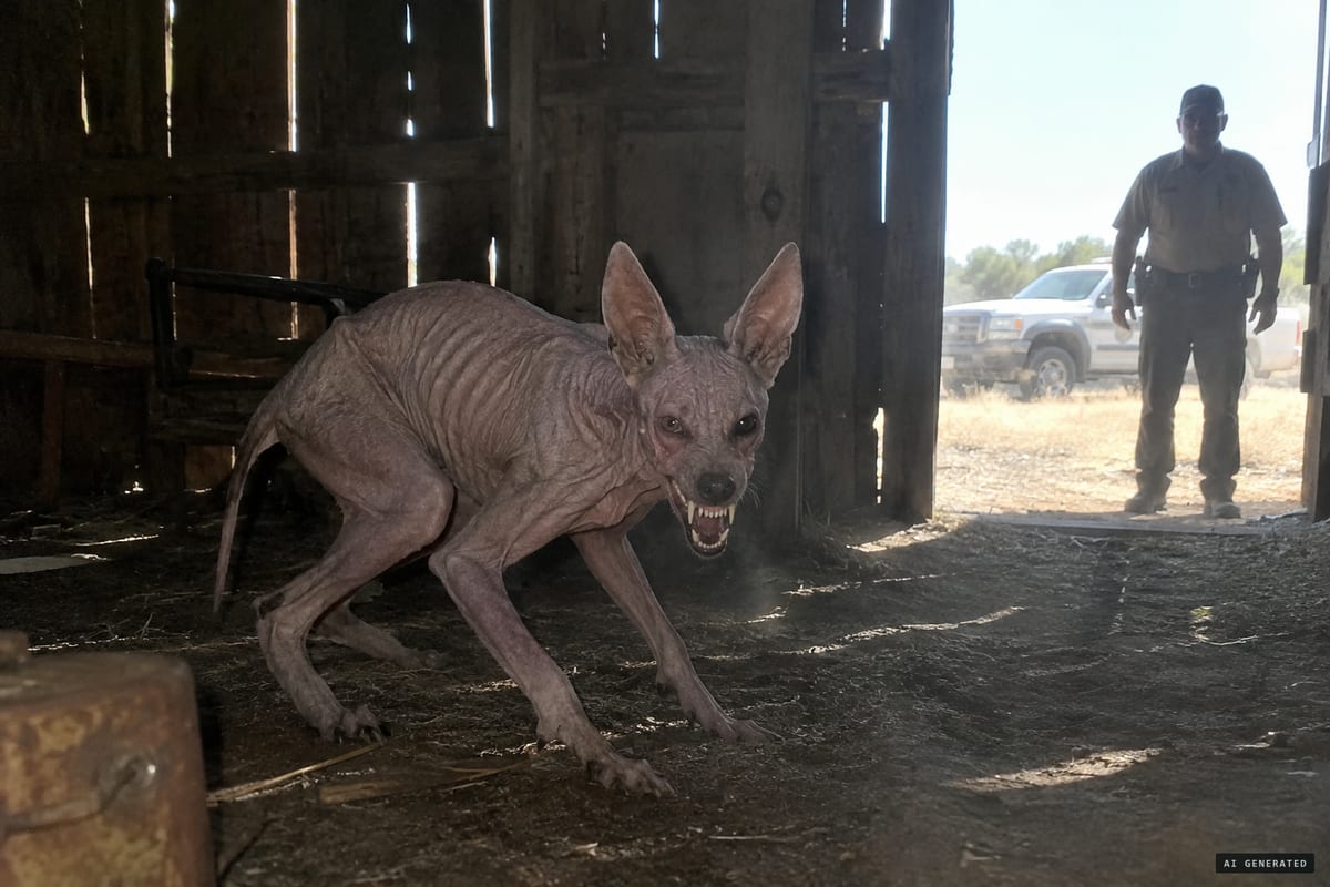 Hood County, Texas, July 2010: a hairless animal with deer ears and large fangs growls at an animal control officer from inside a ranch barn near Cresson.