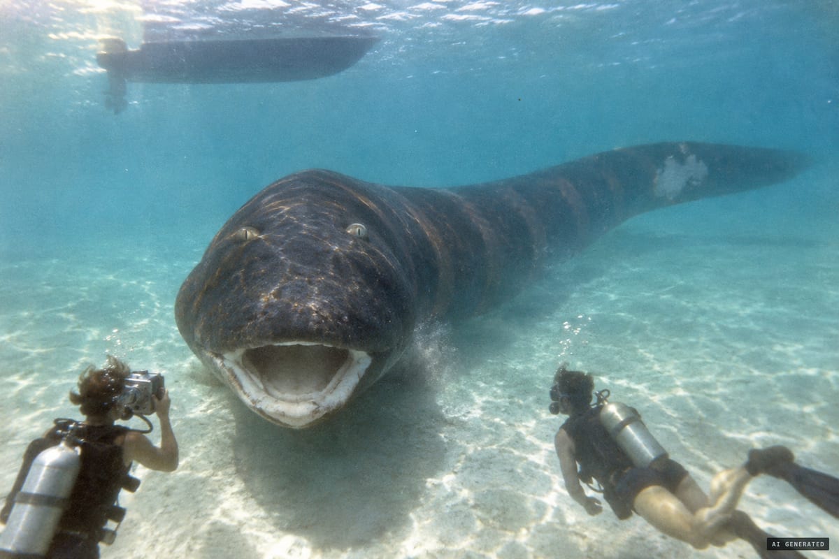 Stonehaven Bay, Hook Island, December 12, 1964: divers Robert Le Serrec and Henk de Jong reported that a 75-to-80-foot tadpole-shaped creature lifted its head from the lagoon floor and opened its white mouth before swimming away.