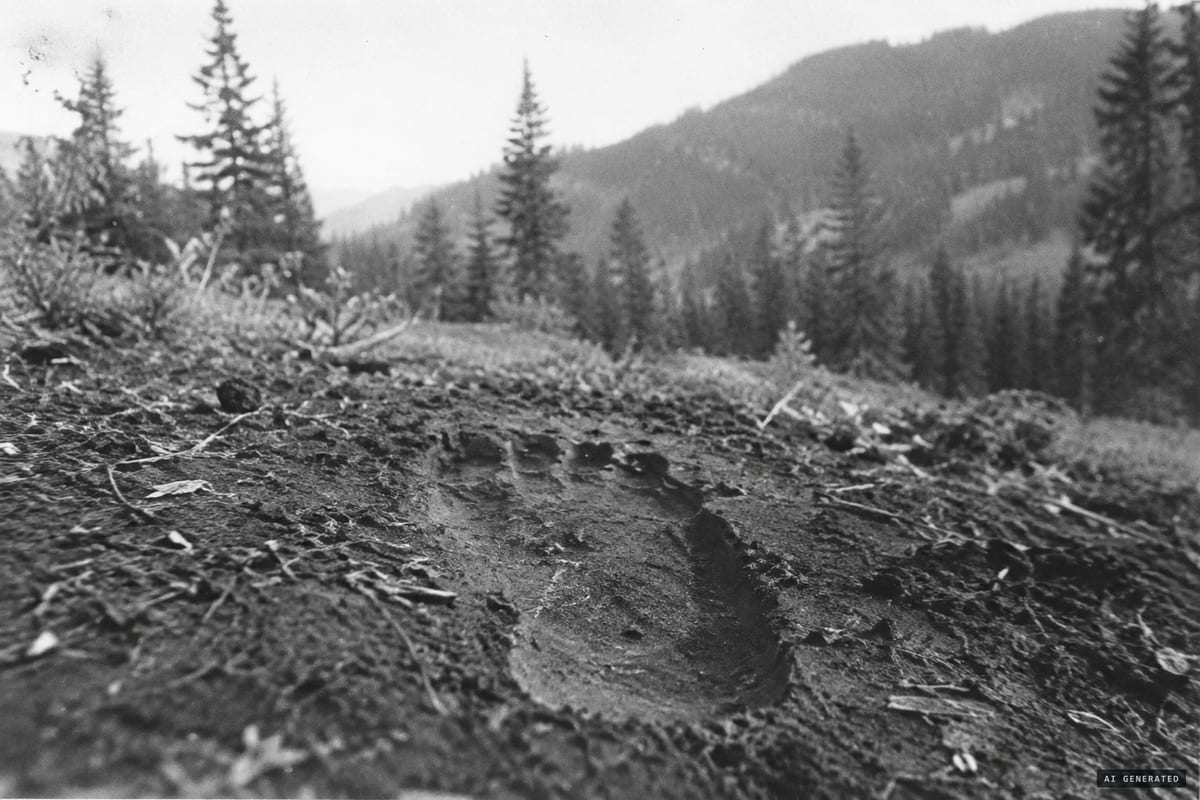 A recreation of the alleged Bigfoot footprint photographed in Hoopa, California, in 1962; no one reported seeing the animal that made it.