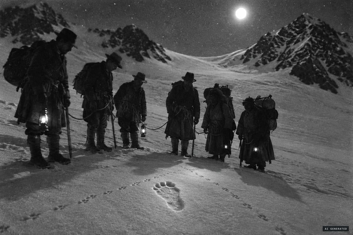 22 September 1921, near the Lhakpa La, Tibet: in moonlit snow at about 21,000 ft, Howard-Bury's Everest party finds a footprint 'like that of a human foot' that their porters attribute to the Metohkangmi, the Wild Man of the Snows.