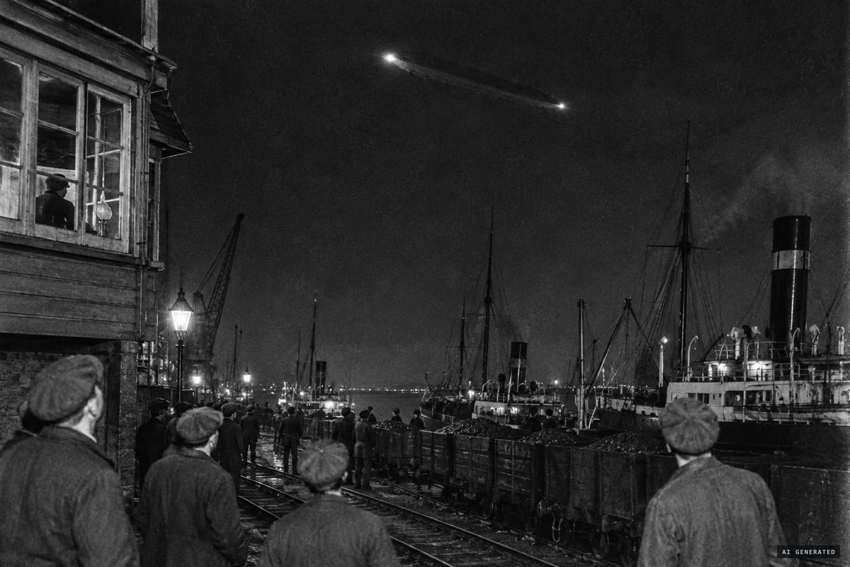 Cardiff docks, 19 May 1909: railwaymen and coal tippers report a cigar-shaped airship with two lights passing at speed over the docks toward the Bristol Channel.
