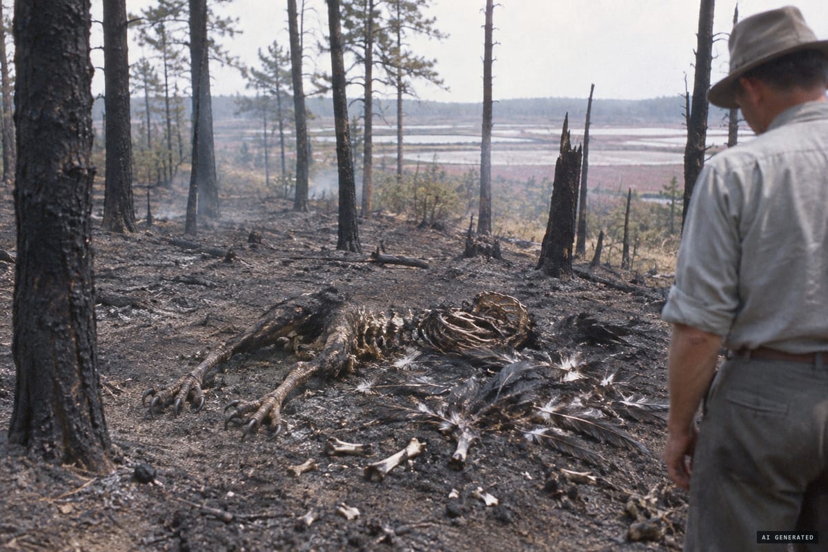 Summer 1957, Wharton Tract, New Jersey: a forestry worker finds burned hindlegs with claws, a partial skeleton and feathers near the Hampton Furnace cranberry bogs, remains later reported as the Jersey Devil's bones.