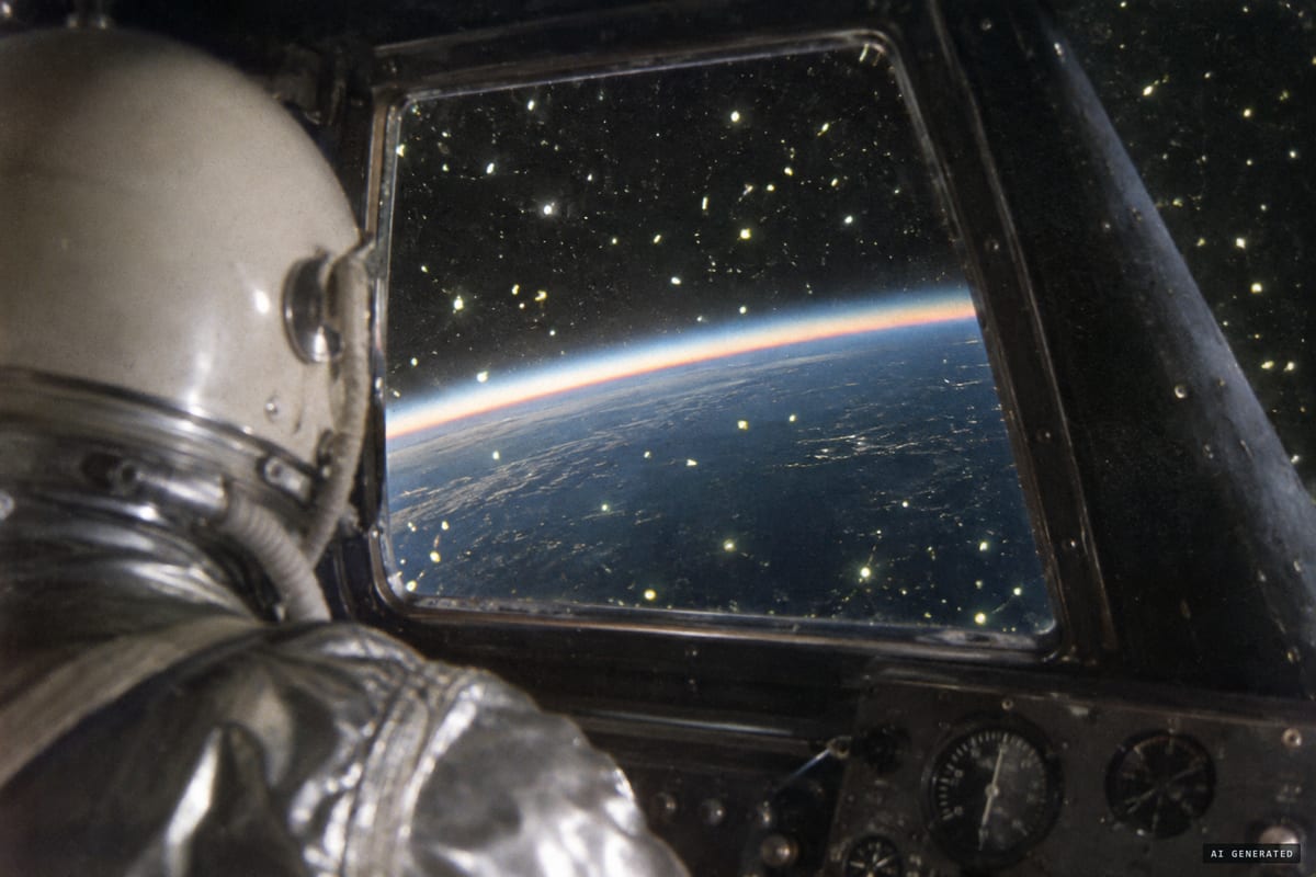 Friendship 7, 20 February 1962: at orbital sunrise over the Pacific, John Glenn reports thousands of luminous yellowish-green "fireflies" drifting slowly around his capsule.