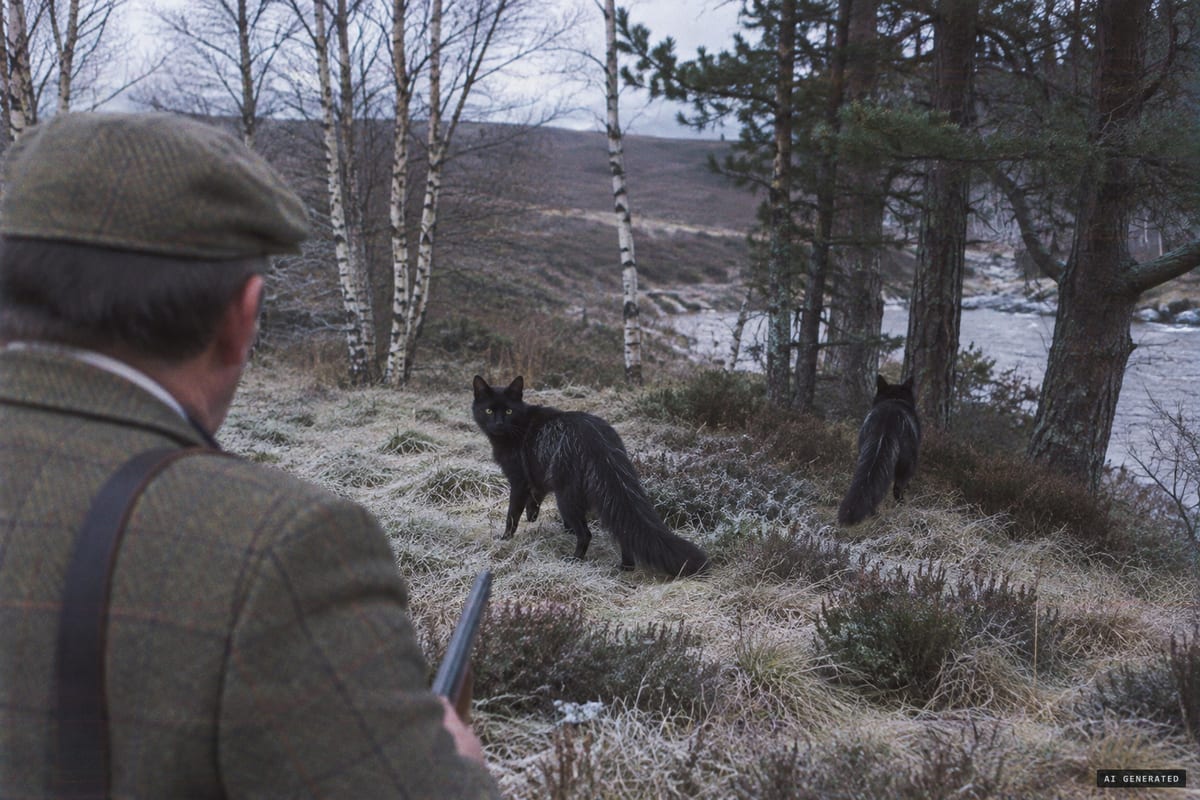 January 1983, near the River Lossie, Kellas, Moray: Tomas Christie encounters a pair of black cats and shoots one of them.