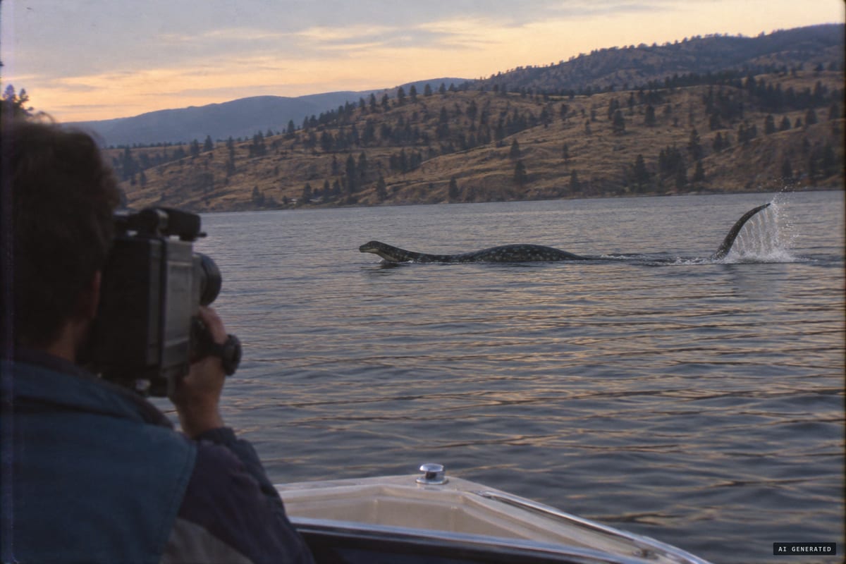 Okanagan Lake, July 1989: Ken Chaplin films a slim, 15-foot, serpent-like animal slapping its tail near Bear Creek, footage later debated as Ogopogo or a beaver.