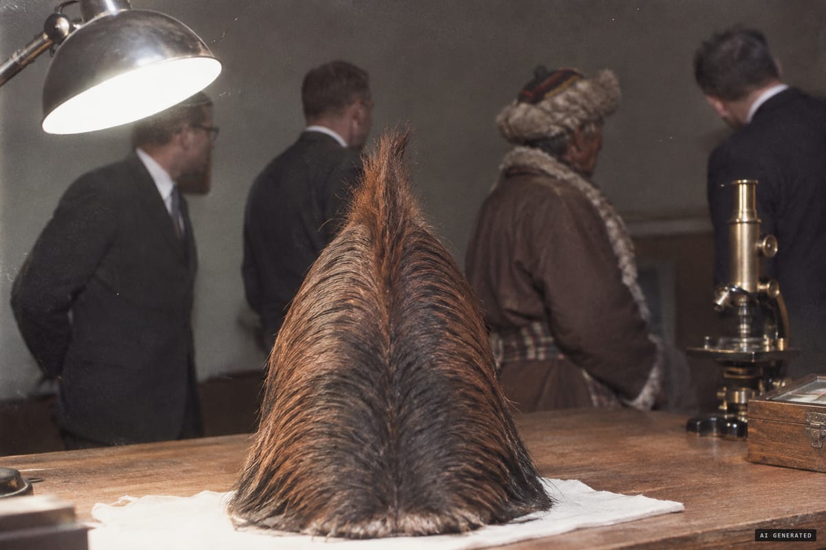 Paris, December 1960: the Khumjung monastery's 'yeti scalp', on loan with its guardian Khunjo Chumbi, is examined by scientists who would conclude it was moulded from serow hide.