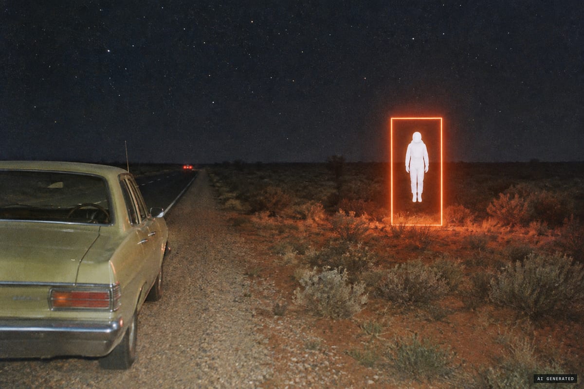 Eyre Highway near Kimba, South Australia, 4 February 1973: witnesses reported a glowing orange-red rectangular 'doorway' in a roadside clearing with a white-suited figure hovering motionless inside.