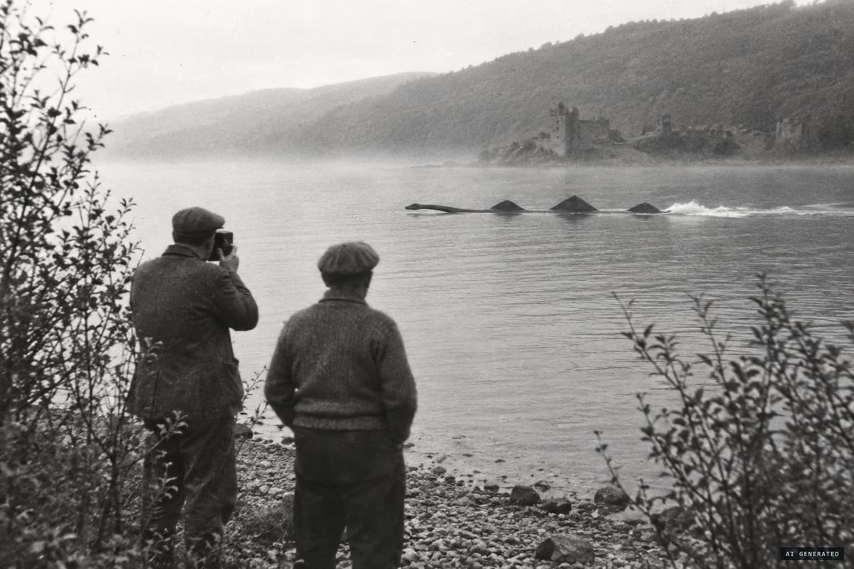 Loch Ness, 14 July 1951: Lachlan Stuart and lodger Taylor Hay watch three dark humps and a long neck pass about 50 yards offshore as Stuart takes his single photograph.