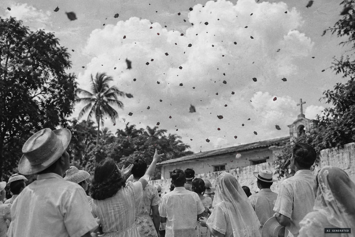 Lipa, Batangas, November 1948: crowds outside the Carmelite monastery reported red rose petals fluttering down from the clouds.