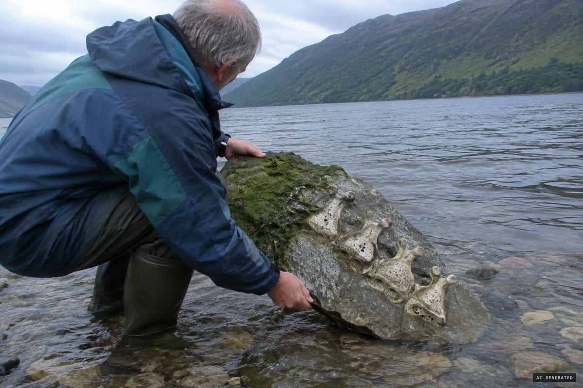July 2003, Loch Ness: retired scrap merchant Gerald McSorley lifts the algae-covered limestone holding four plesiosaur vertebrae he tripped over in the shallows, a find later widely judged to have been planted.