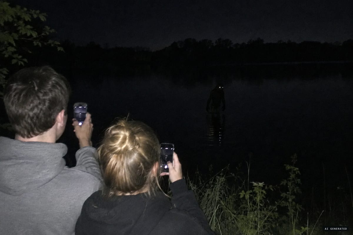 Lake Isabella, Loveland, Ohio, 2016: a dark frog-like figure with shining eyes, about 4 feet tall, reported standing on its hind legs in the shallows as Pokémon Go players photographed it.