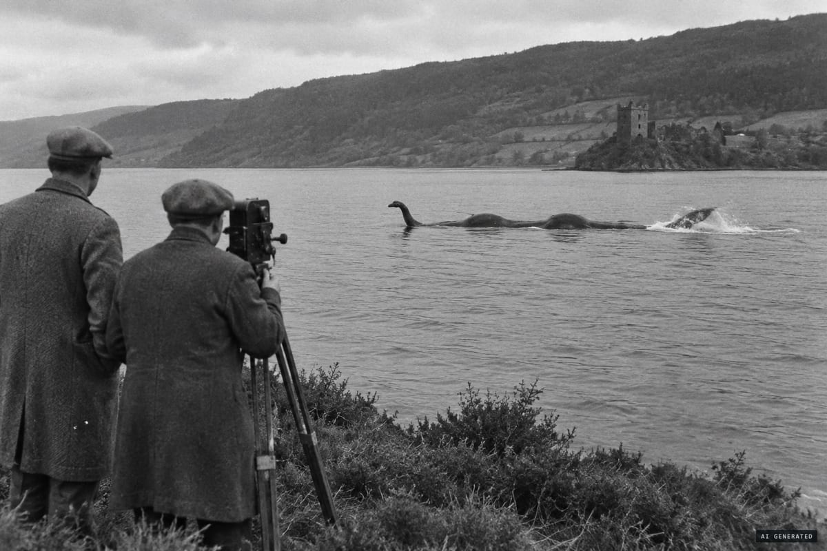 Loch Ness, 22 September 1936: Malcolm Irvine films a shiny black shape some 30 feet long, with head and neck, two humps and a thrashing tail, moving slowly across the loch near Inverfarigaig.