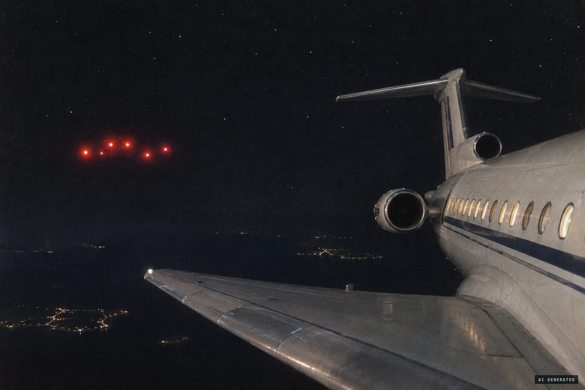11 November 1979, over Ibiza: red lights close on TAE flight JK-297 and hold about 500 m from the airliner, mirroring its climbs and descents before the crew diverts to Manises.