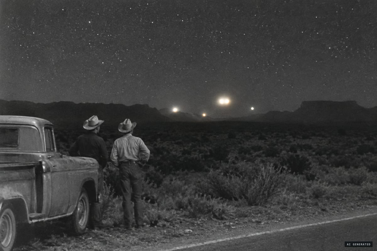 Ranchers watch the Marfa lights, glowing orange orbs that hover, pulse and split apart above the brush of Mitchell Flat below the Chinati Mountains.