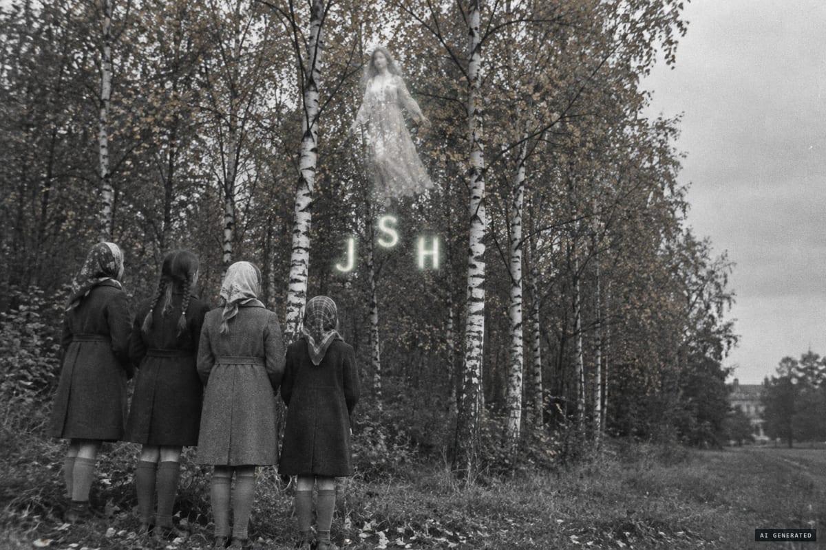 Heroldsbach, Bavaria, 9 October 1949: schoolgirls reported glowing green letters between two birches and a transparent woman in white floating above the treetops.