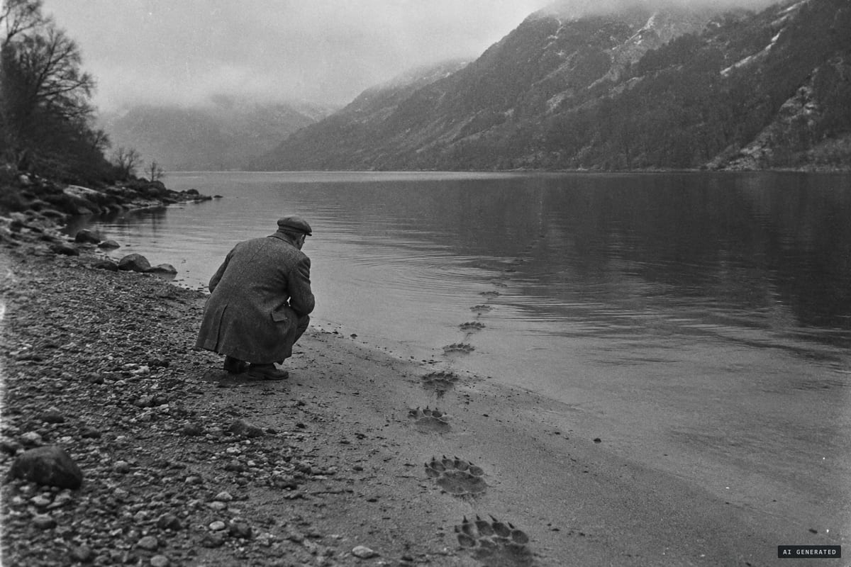 December 1933: near Foyers, Marmaduke Wetherell examines large four-toed tracks on a Loch Ness beach, later identified by the Natural History Museum as made with a dried hippopotamus foot.