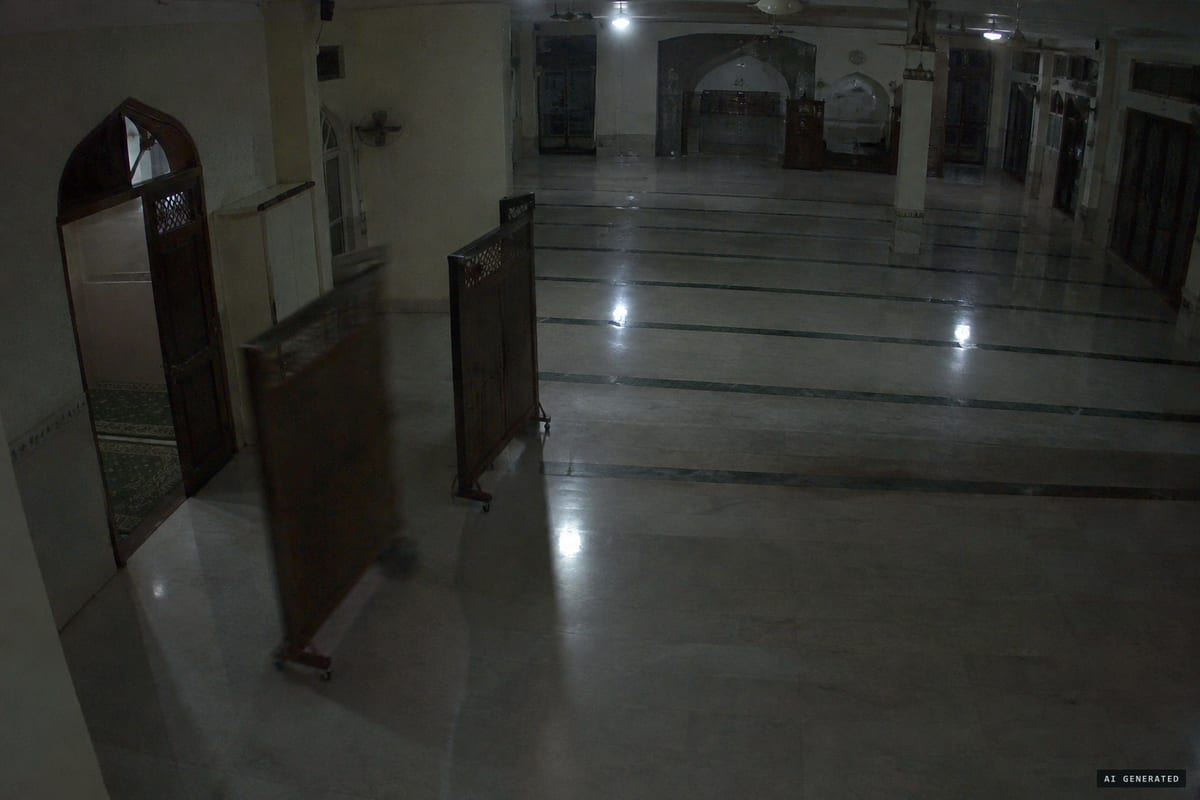 Tedong mosque, Jasin, Melaka, late May 2016: CCTV records two wheeled wooden prayer barriers moving across the empty hall in the small hours.