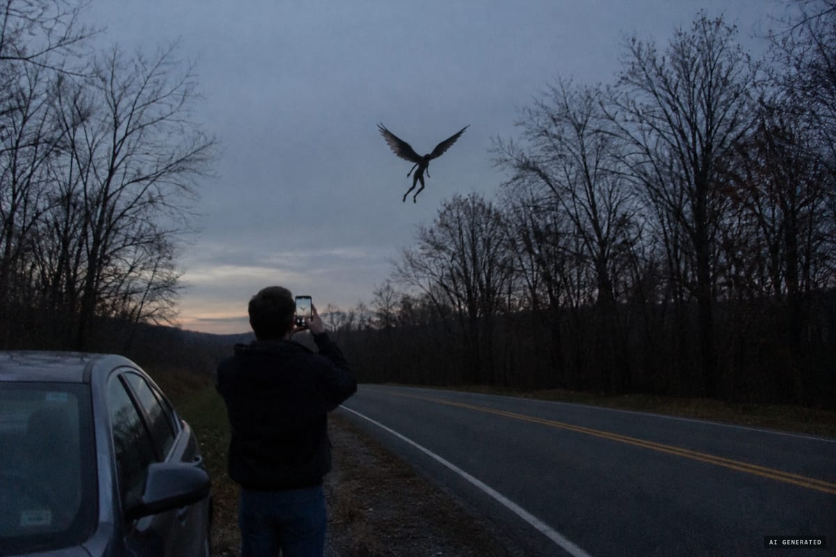 Point Pleasant, West Virginia, November 20, 2016: a driver on State Route 2 photographs a dark winged figure with pointed wingtips and long bent legs crossing between two trees.