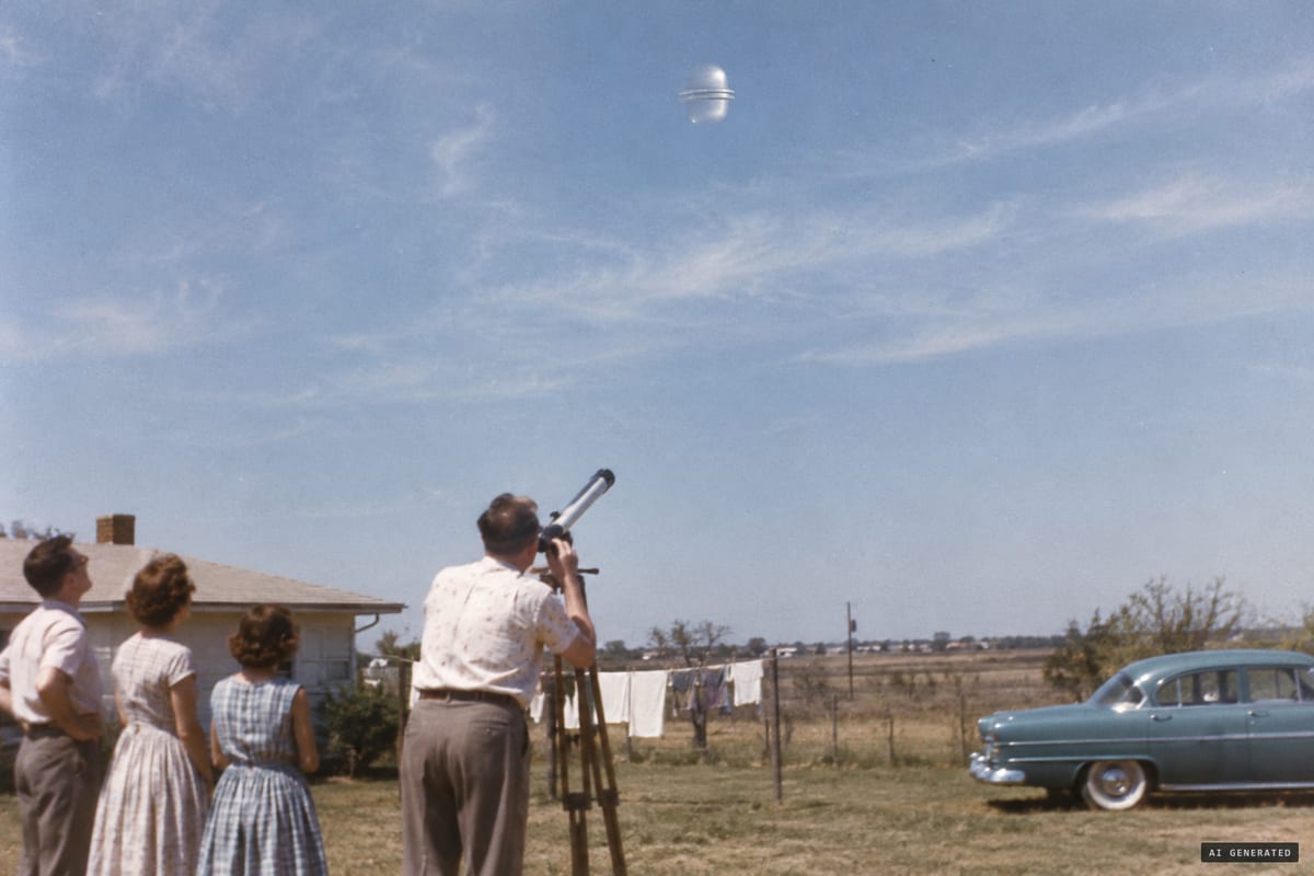 McKinney, Texas, April 4, 1956: weather observer Capt. Roy Hall watches a silver, banded oblong object that hung motionless high in the afternoon sky for six hours.