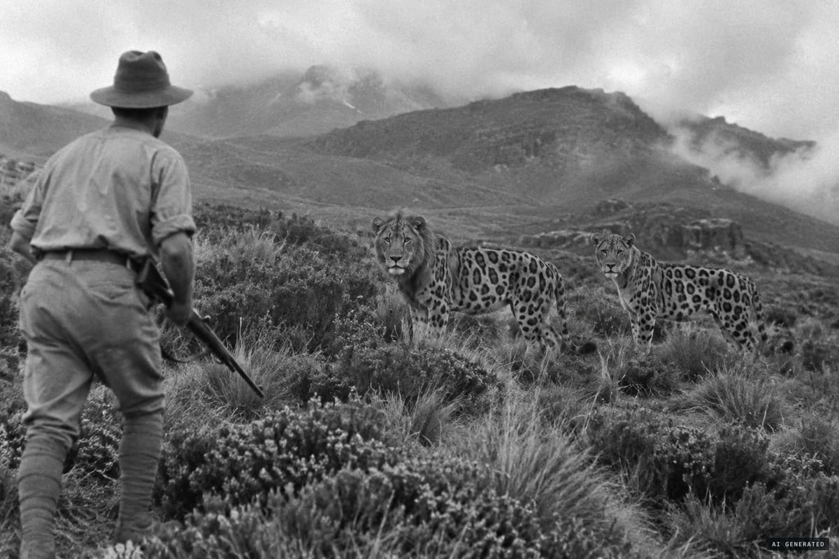 Aberdare Range, Kenya, 1931: the two spotted lions, a male and a female, that settler Michael Trent encountered and shot at about 10,000 feet.