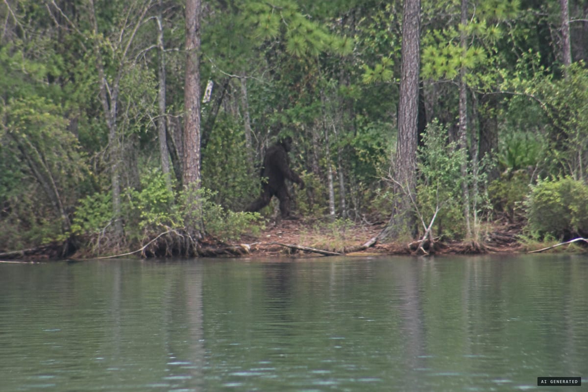 April 2022, Big Creek Lake, Wilmer, Alabama: the hoax post's claimed photo of an upright, hairy figure walking along the water's edge, later admitted to be recycled internet images and an April Fools' prank.