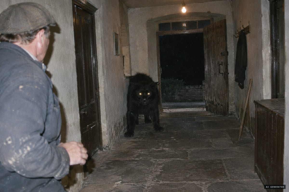 Killakee, County Dublin, 1968: artist Tom McAssey reported an enormous black cat, as large as a Dalmatian, sitting in the hall of the Stewards House with amber eyes fixed on him.