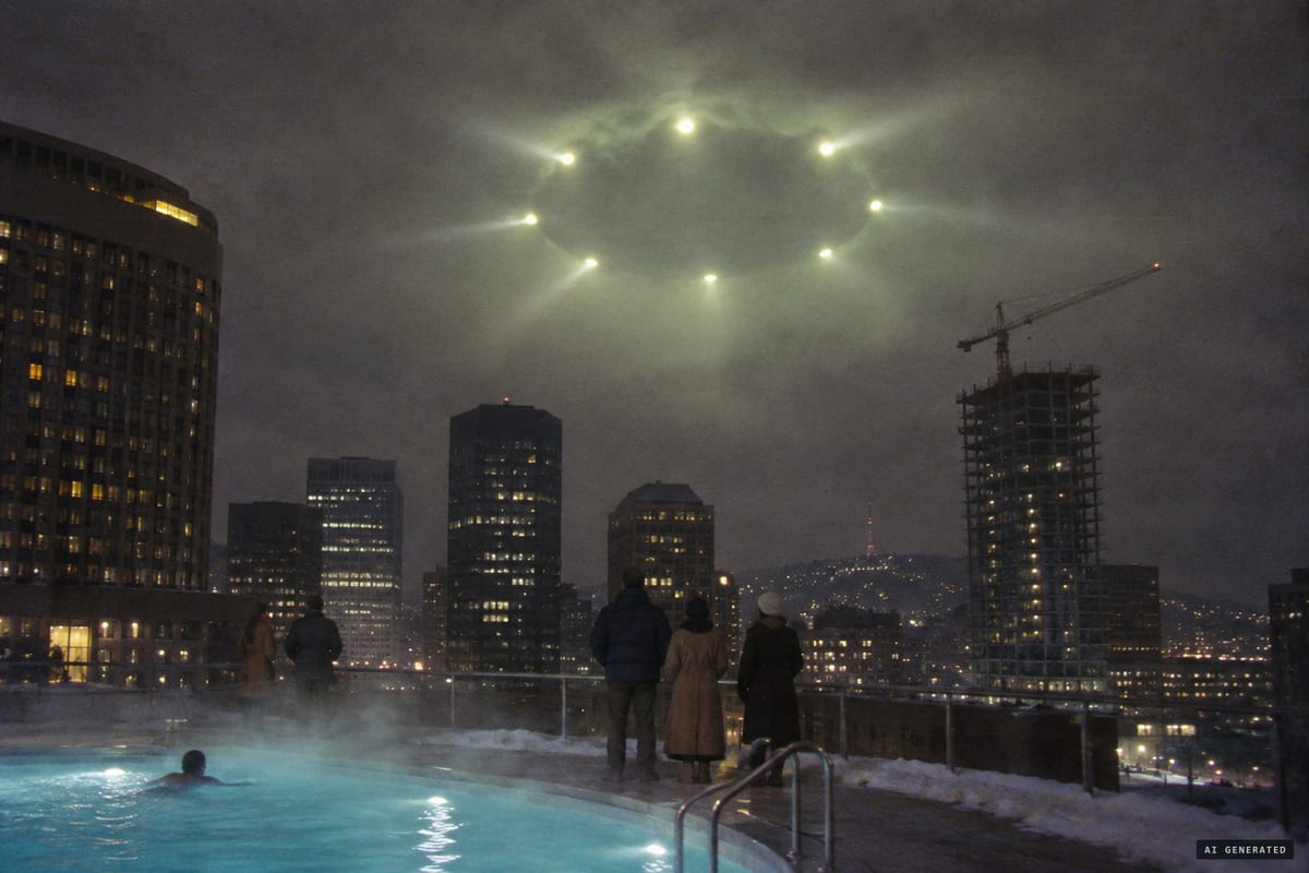Montreal, November 7, 1990: witnesses on the Hôtel Bonaventure rooftop watch a huge, silent ring of rayed lights hovering motionless in the snow clouds above downtown.