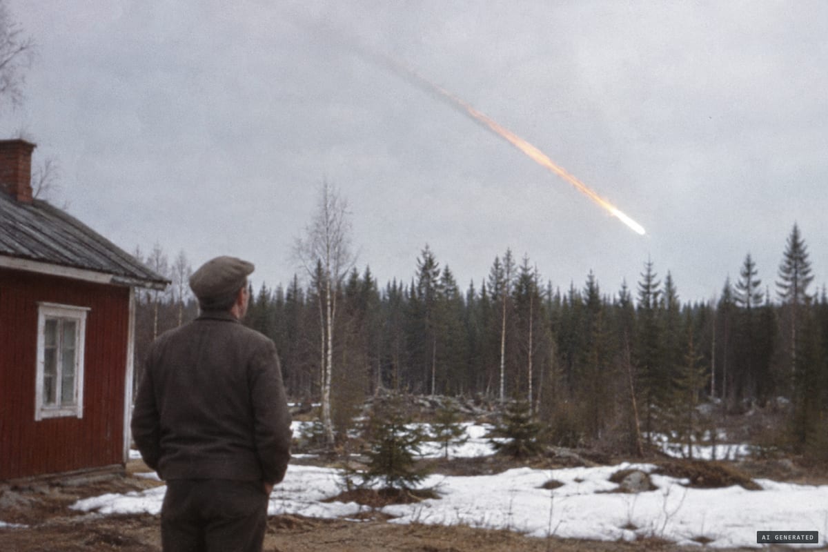Kuusijärvi, Sweden, May 1954: a witness reported a silvery football-shaped object with a fiery tail 70-80 meters long descending about half a kilometer away.