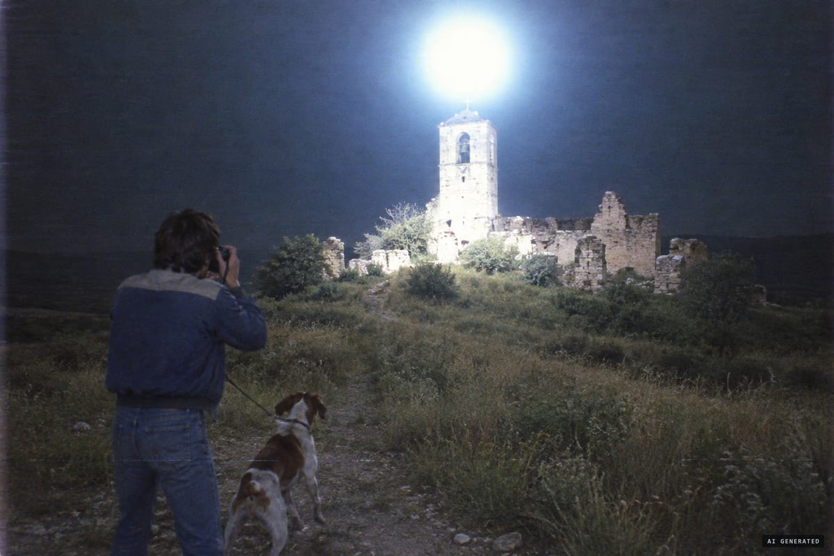 Ochate, Condado de Treviño, summer 1981: Prudencio Muguruza photographs a glowing sphere of light above the ruined church tower after his dog grows agitated and a bright flash lights up the area.