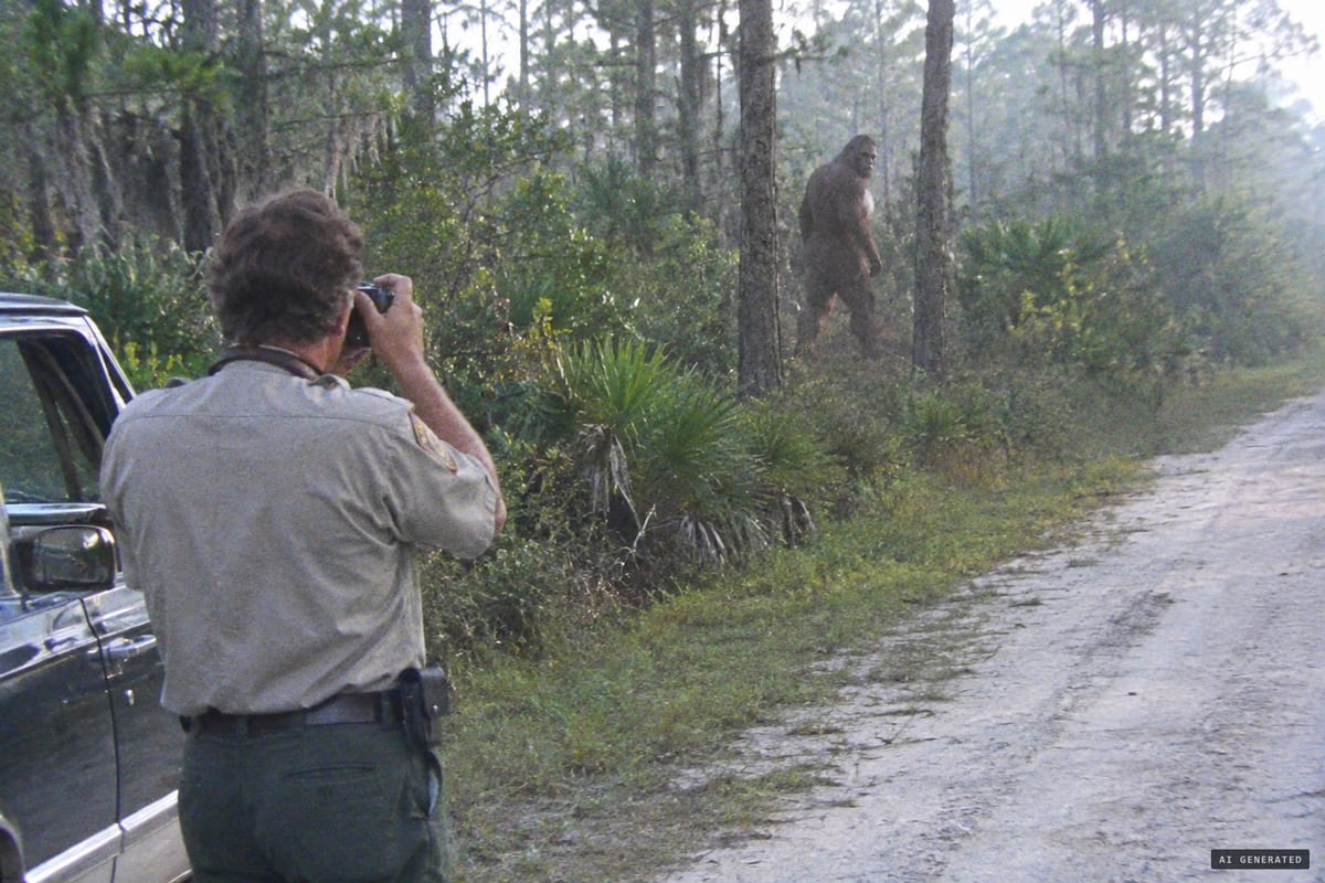 Burns Road, near Ochopee, Florida, July 21, 1997: fire chief Vince Doerr reported that a hairy, upright figure about 7 feet tall turned to look at him before walking on into the brush, moments before he took his photograph.