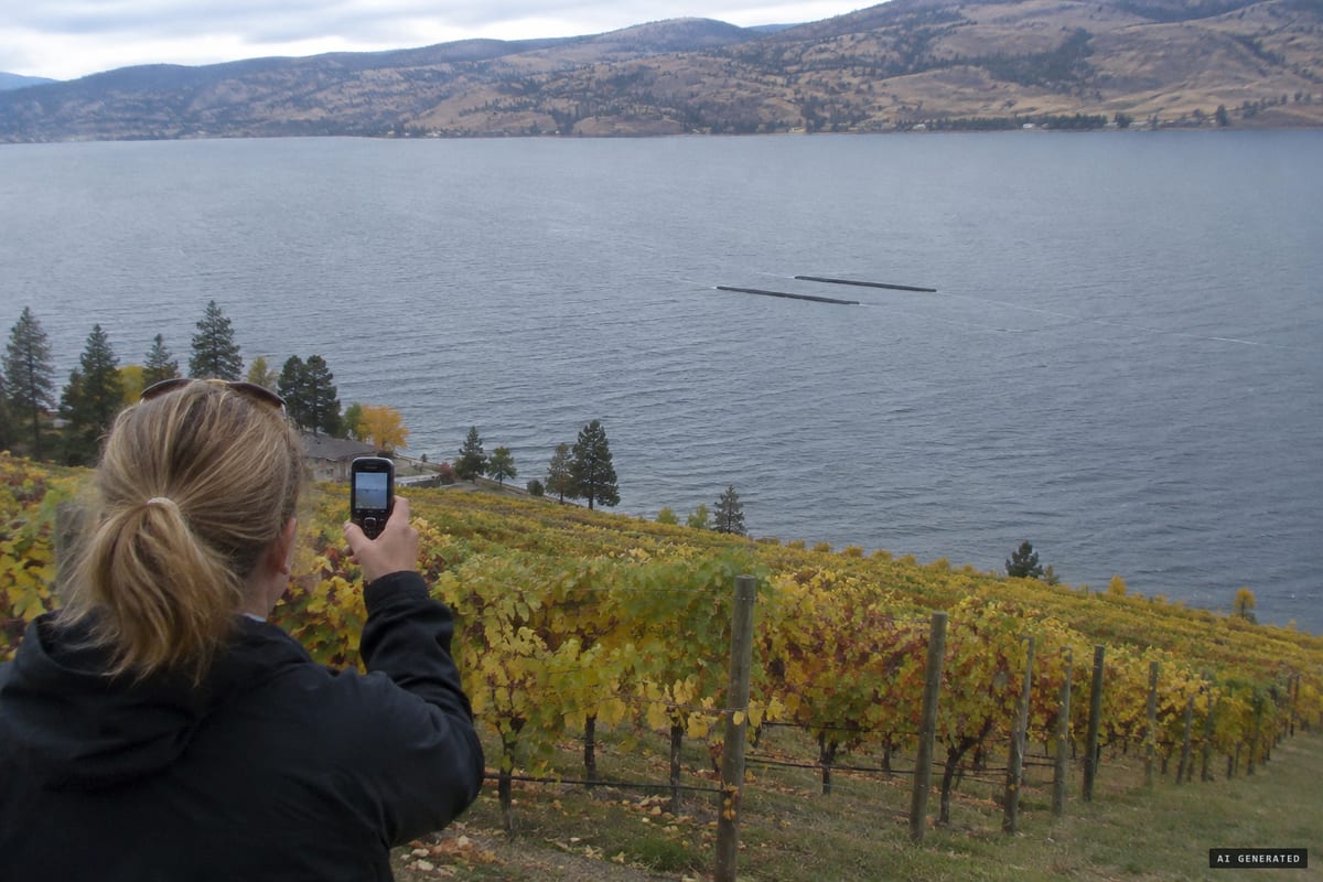 Okanagan Lake, near West Kelowna, British Columbia, autumn 2011: Richard Huls films two long, dark, motionless shapes side by side on the water, not parallel with the waves, from a lakeside winery.